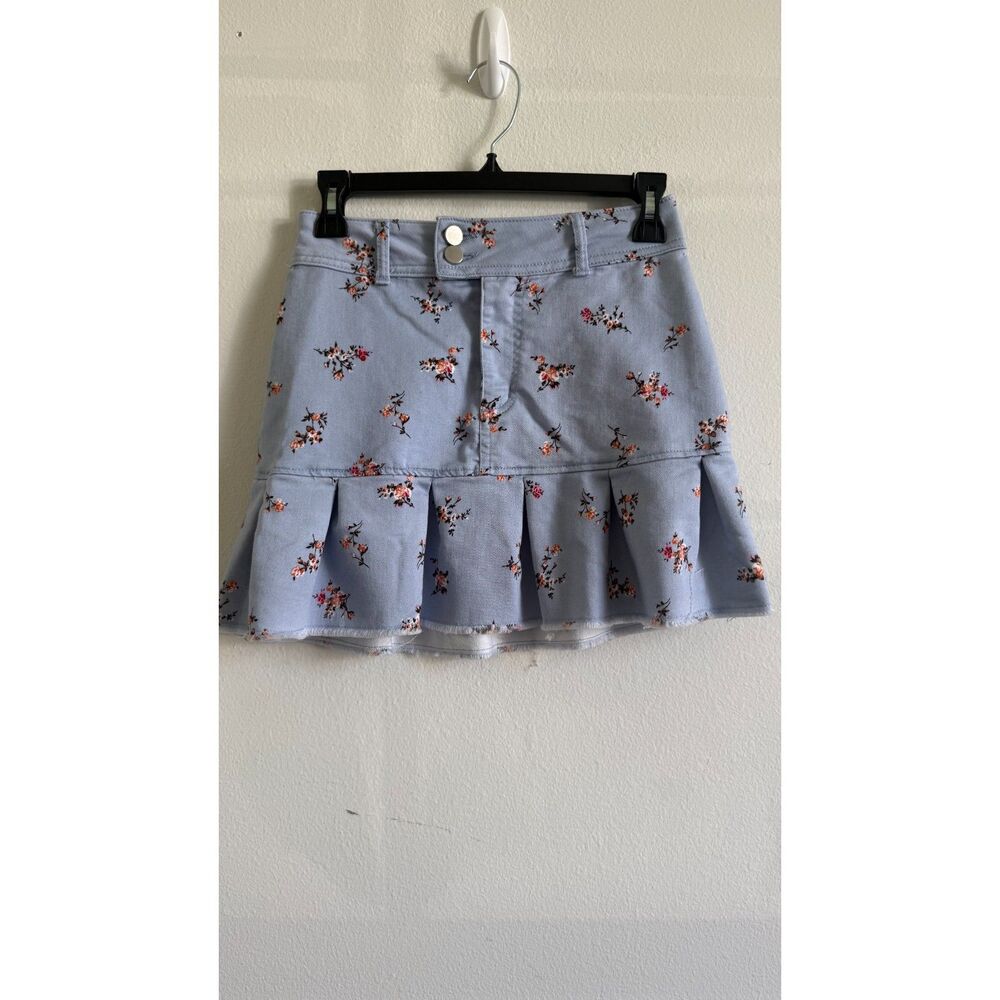 Tinsel Town XS Blue Floral Ruffle Mini Skirt Pleated Hem Cottagecore